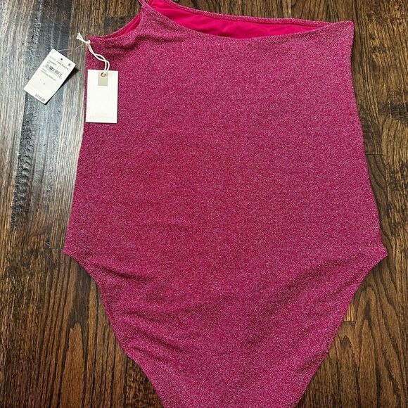 NWT Good American 90s One Shoulder Hawaiian Pink Sparkle One Piece Bathing Suit - Picture 7 of 8